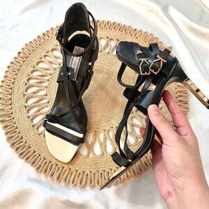 Ivy Kirzhner Black Leather Lacquered Detail Strappy Heels Size 8.5